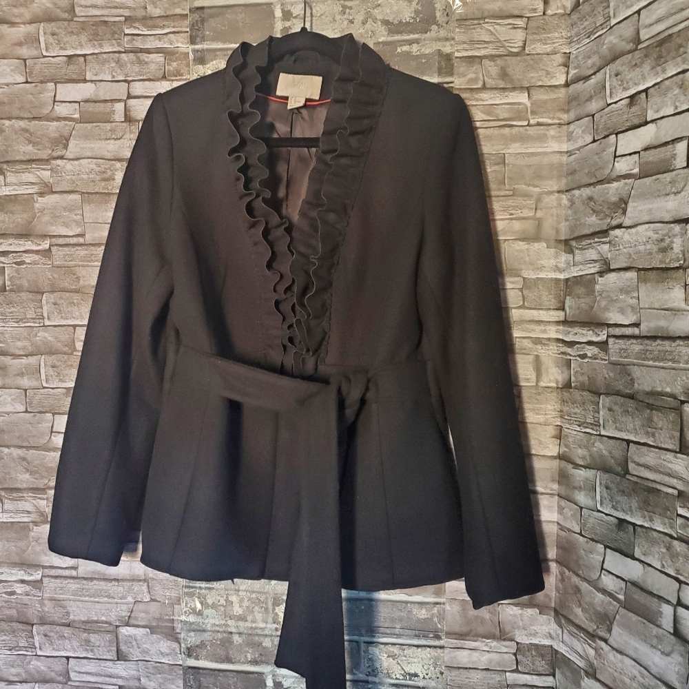 Romantic Wool Blend Ruffled Black Coat Snap Buttons Attached Belt Preppy 14